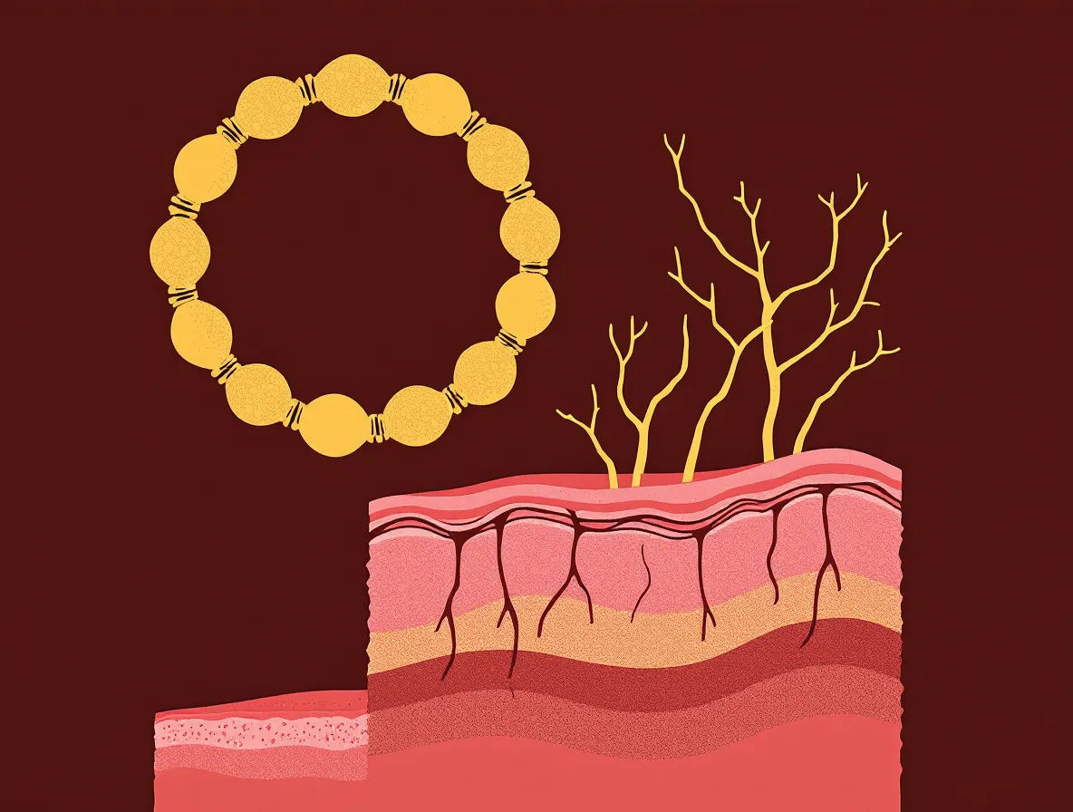 Risograph illustration of a cyclic peptide ring above a stylized cross-section of skin and melanocytes